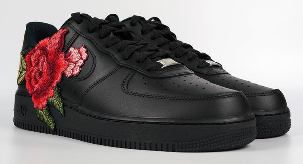 Nike Air Force 1 Custom Low Red Rose Flower Floral Black Shoes Men Women & Kids All Sizes Front