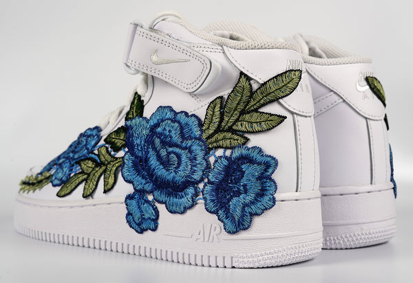 Nike Air Force 1 Custom Mid Blue Rose Shoes Flower Floral White All Sizes Men Women & Kids Rear