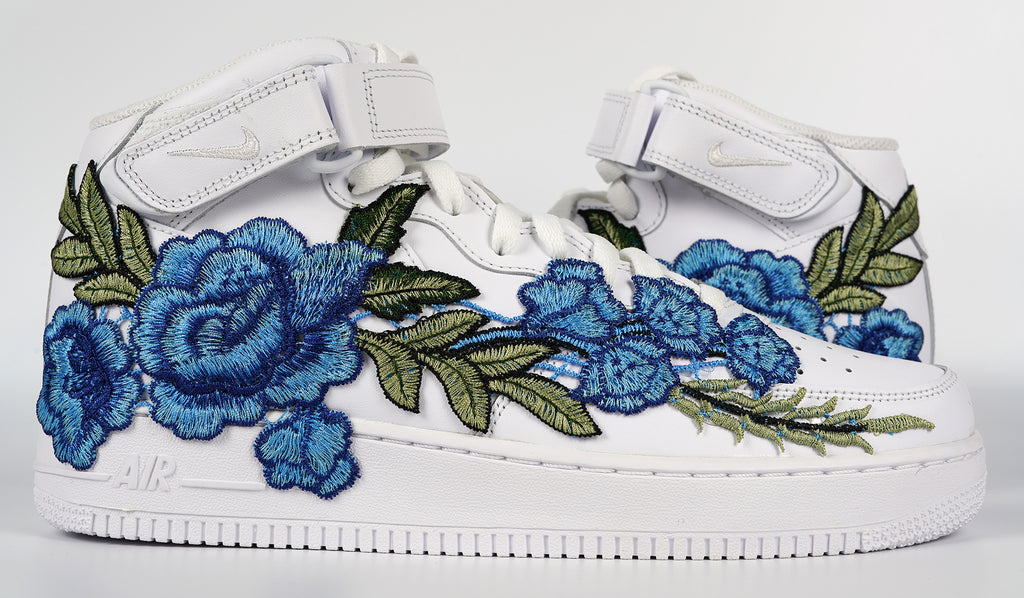 Air Force 1 Custom Mid Blue Rose Shoes Flower Floral White All Sizes M Rose Customs Air Force 1 Custom Shoes Sneakers Design Your Own AF1