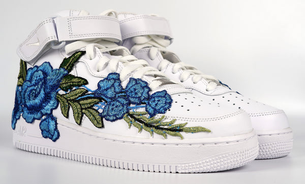 Nike Air Force 1 Custom Mid Blue Rose Shoes Flower Floral White All Sizes Men Women & Kids Front