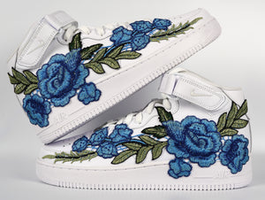 Nike Air Force 1 Custom Mid Blue Rose Shoes Flower Floral White All Sizes Men Women & Kids Stacked