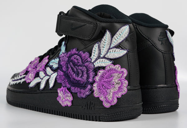 Nike Air Force 1 Custom Mid Purple Rose Shoes Flower Floral Black All Sizes Men Women & Kids Rear