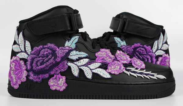 Nike Air Force 1 Custom Mid Purple Rose Shoes Flower Floral Black All Sizes Men Women & Kids Front to Back