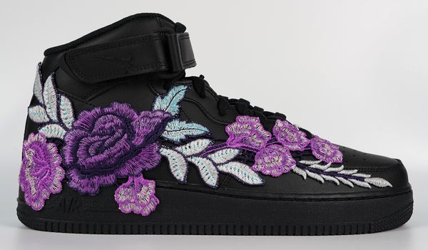 Nike Air Force 1 Custom Mid Purple Rose Shoes Flower Floral Black All Sizes Men Women & Kids Side