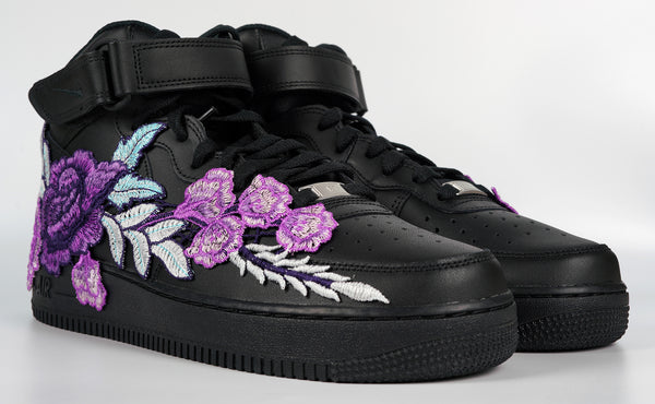 Nike Air Force 1 Custom Mid Purple Rose Shoes Flower Floral Black All Sizes Men Women & Kids Front
