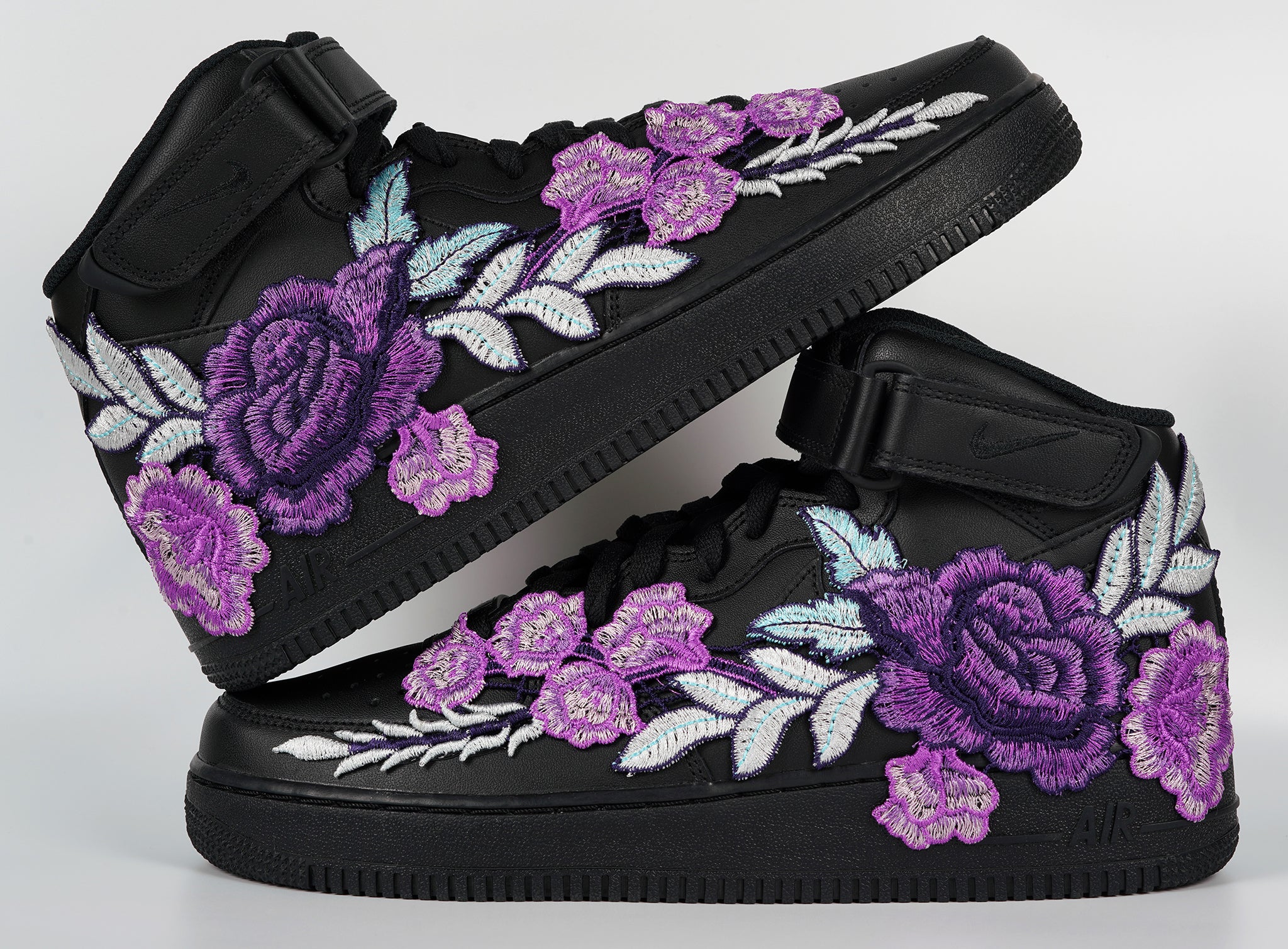 Nike Air Force 1 Custom Mid Purple Rose Shoes Flower Floral Black All Sizes Men Women & Kids Stacked