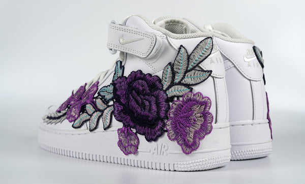 Nike Air Force 1 Custom Mid Purple Rose Shoes Flower Floral White All Sizes Men Women & Kids Rear