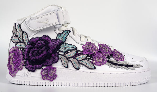 Nike Air Force 1 Custom Mid Purple Rose Shoes Flower Floral White All Sizes Men Women & Kids Side