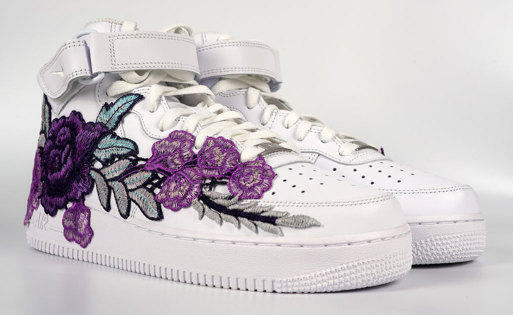 nike lavender flower shoes Air Force 1 Custom Mid Purple Rose Shoes Flower Floral White All Sizes –  Rose Customs, Air Force 1 Custom Shoes Sneakers Design Your Own AF1