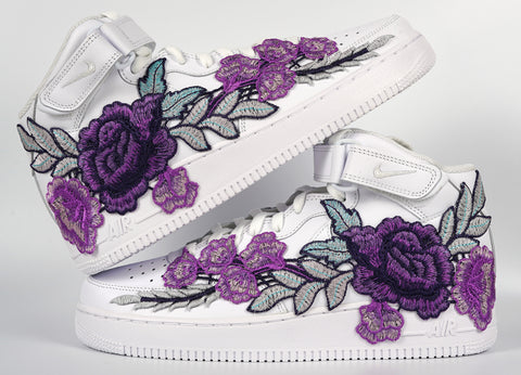 Nike Air Force 1 Custom Mid Purple Rose Shoes Flower Floral White All Sizes Men Women & Kids Stacked