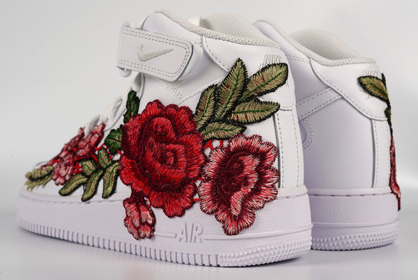 Nike Air Force 1 Custom Mid Red Rose Flower Floral White Shoes Men Women & Kids All Sizes Rear