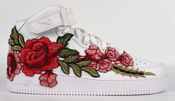 Nike Air Force 1 Custom Mid Red Rose Flower Floral White Shoes Men Women & Kids All Sizes Side