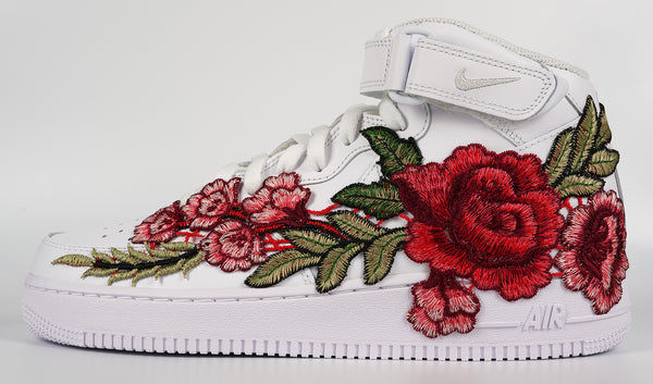 Nike Air Force 1 Custom Mid Red Rose Flower Floral White Shoes Men Women & Kids All Sizes Other Side