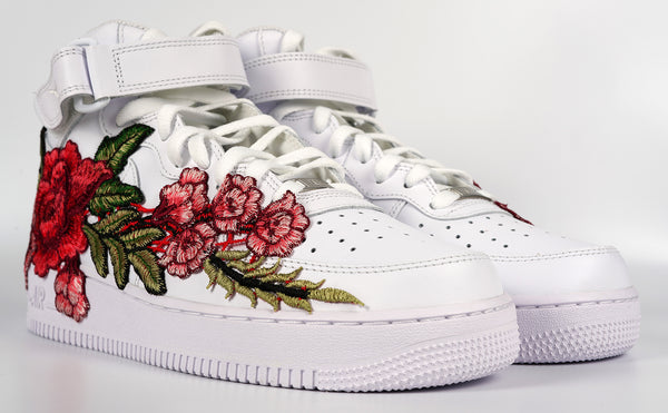 Nike Air Force 1 Custom Mid Red Rose Flower Floral White Shoes Men Women & Kids All Sizes Front