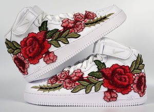 Nike Air Force 1 Custom Mid Red Rose Flower Floral White Shoes Men Women & Kids All Sizes Stacked