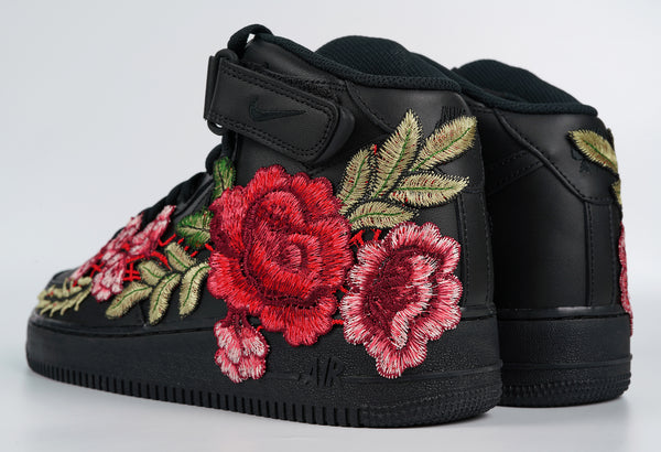 Nike Air Force 1 Custom Mid Red Rose Shoes Flower Floral Black Men Women & Kids All Sizes Rear