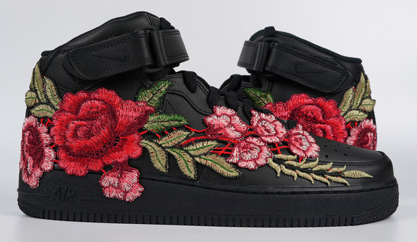 Nike Air Force 1 Custom Mid Red Rose Shoes Flower Floral Black Men Women & Kids All Sizes Front to Back