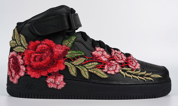 Nike Air Force 1 Custom Mid Red Rose Shoes Flower Floral Black Men Women & Kids All Sizes Side