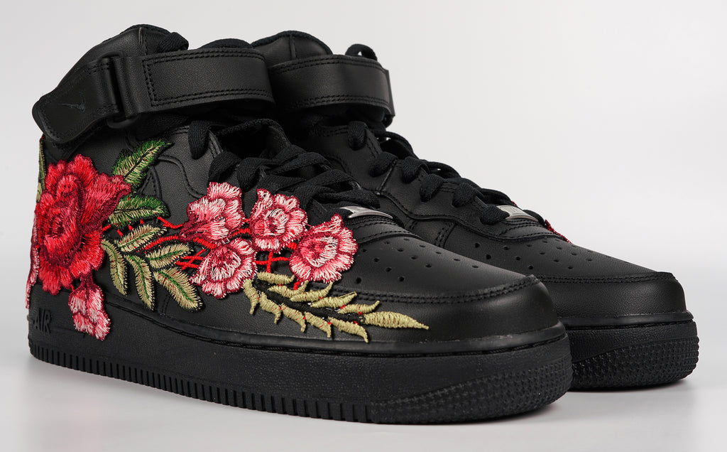 Air Force 1 Custom Mid Red Rose Shoes Flower Floral Black Men