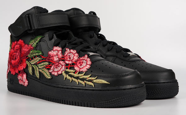 Nike Air Force 1 Custom Mid Red Rose Shoes Flower Floral Black Men Women & Kids All Sizes Front