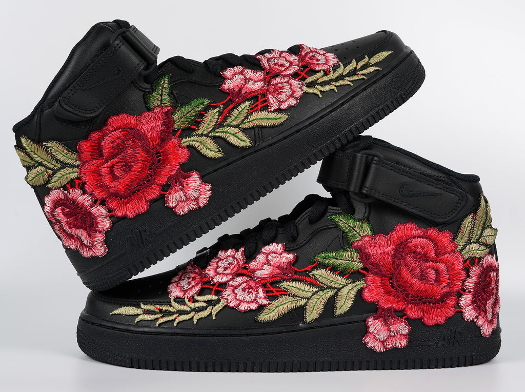Air Force 1 Custom Mid Red Rose Shoes Flower Floral Black Men