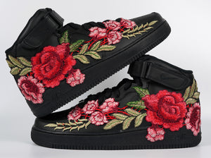 Nike Air Force 1 Custom Mid Red Rose Shoes Flower Floral Black Men Women & Kids All Sizes Stacked