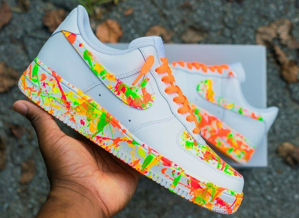 Air Force 1 Custom Neon Splatter Orange Laces Green Yellow Men Women Kids AF1 Sneakers 3