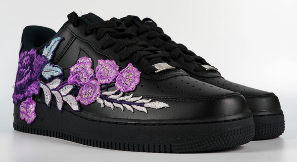 Nike Air Force 1 Custom Purple Rose Shoes Flower Floral Black Low Men Women & Kids All Sizes Front