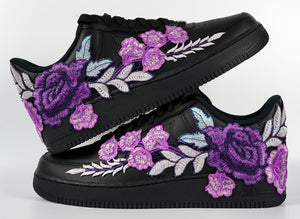 Nike Air Force 1 Custom Purple Rose Shoes Flower Floral Black Low Men Women & Kids All Sizes Stacked