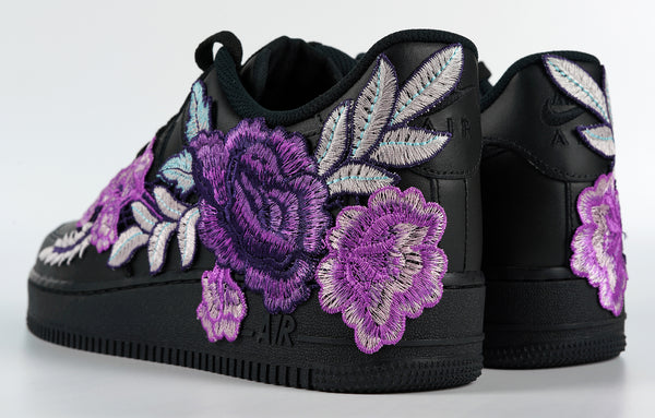 Nike Air Force 1 Custom Purple Rose Shoes Flower Floral Black Low Men Women & Kids All Sizes Rear