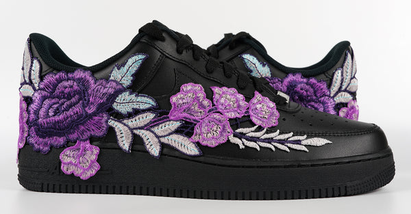 Nike Air Force 1 Custom Purple Rose Shoes Flower Floral Black Low Men Women & Kids All Sizes Front to Back