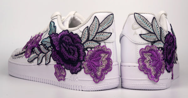Nike Air Force 1 Custom Purple Rose Shoes Low Flower Floral White Men Women & Kids All Sizes Side by Side Rear