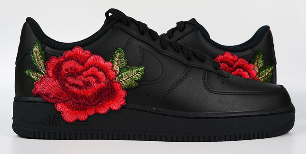 Nike Air Force 1 Custom Red Rose Shoes Flower Floral Black Low Men Women & Kids All Sizes Front to Back