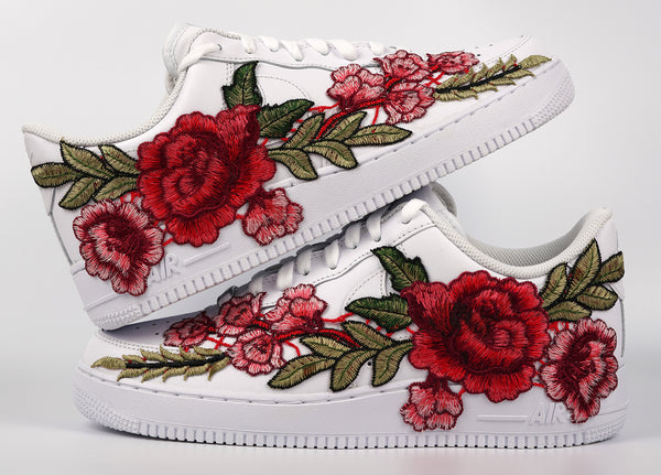 Nike Air Force 1 Custom Red Rose Shoes Long Flower Floral Design White Low Men Women & Kids All Sizes Stacked