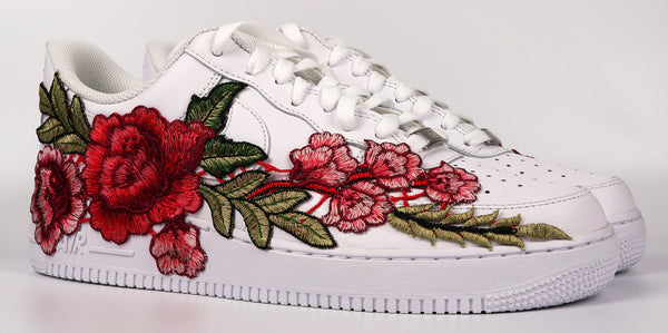 Nike Air Force 1 Custom Red Rose Shoes Long Flower Floral Design White Low Men Women & Kids All Sizes Front