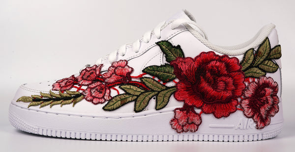 Nike Air Force 1 Custom Red Rose Shoes Long Flower Floral Design White Low Men Women & Kids All Sizes Side