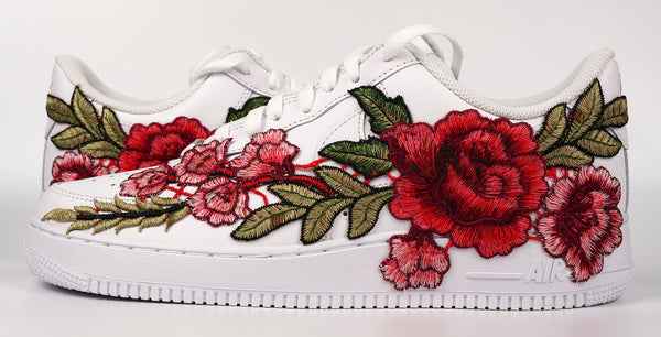 Nike Air Force 1 Custom Red Rose Shoes Long Flower Floral Design White Low Men Women & Kids All Sizes Front to Back