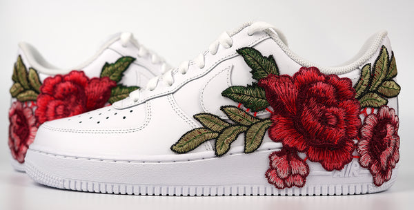 Nike Air Force 1 Custom Red Rose Short Shoes Low Flower Floral Design White Men Womens & Kids All Sizes Front to Back