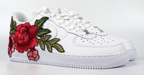 Nike Air Force 1 Custom Red Rose Short Shoes Low Flower Floral Design White Men Womens & Kids All Sizes Front