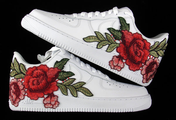 Nike Air Force 1 Custom Red Rose Short Shoes Low Flower Floral Design White Men Womens & Kids All Sizes Black Background