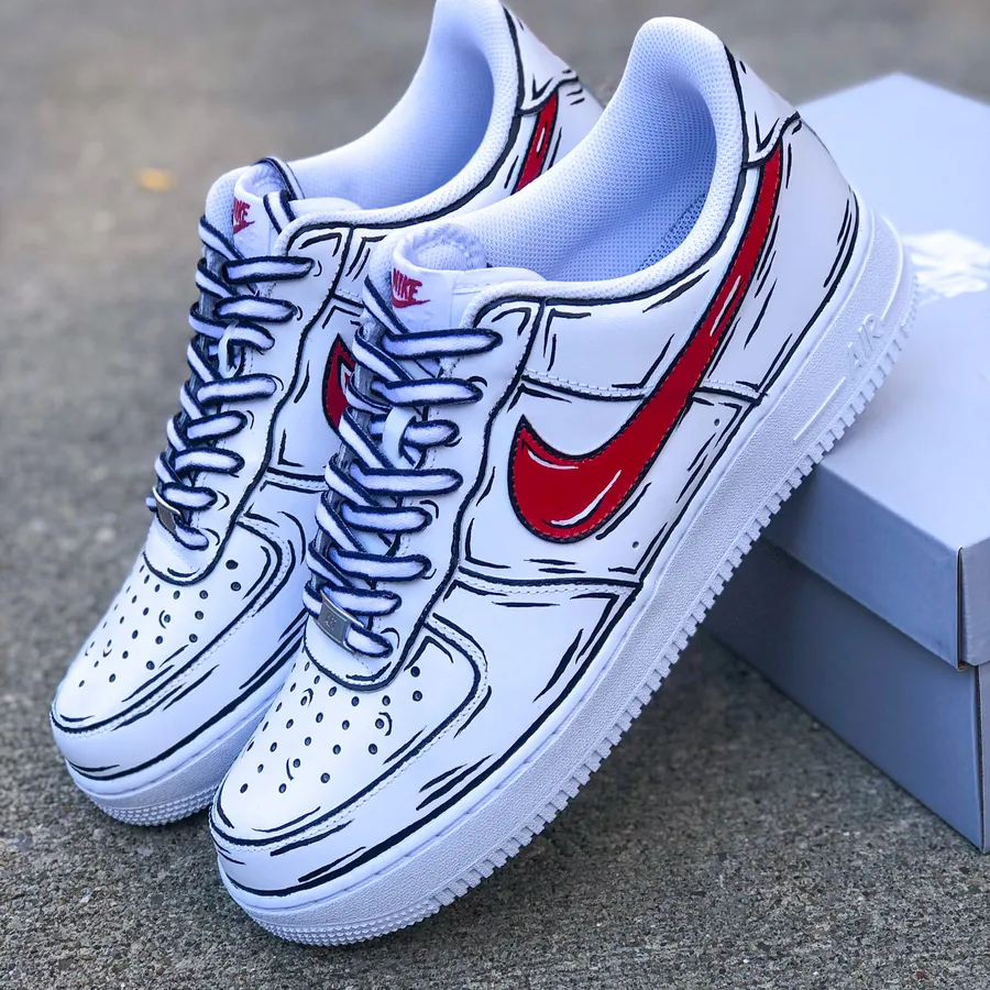 Air Force 1 Custom Shoes Low Cartoon Red Swoosh Black Outline All Sizes AF1 Sneakers