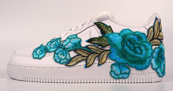 Nike Air Force 1 Custom Teal Rose Low Blue Flower Floral Shoes Mens Womens & Kids All Sizes Right