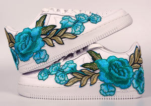 Nike Air Force 1 Custom Teal Rose Low Blue Flower Floral Shoes Mens Womens & Kids All Sizes Stacked