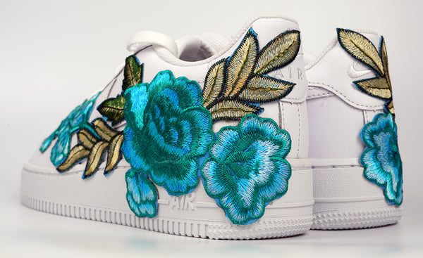 Nike Air Force 1 Custom Teal Rose Low Blue Flower Floral Shoes Mens Womens & Kids All Sizes Rear