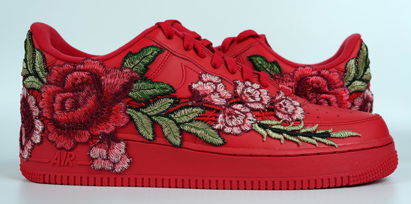 Nike Air Force 1 Custom Triple Red Rose Shoes Long Flower Floral Casual Low Mens Womens Kids All Sizes Front to Back