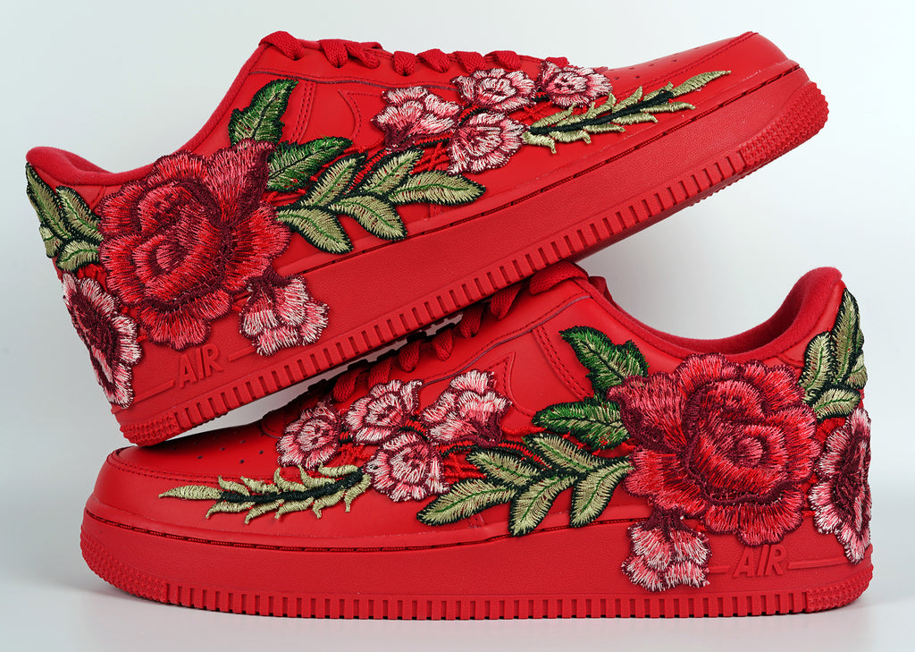 Air Force 1 Custom Triple Red Rose Shoes Long Flower Floral Casual