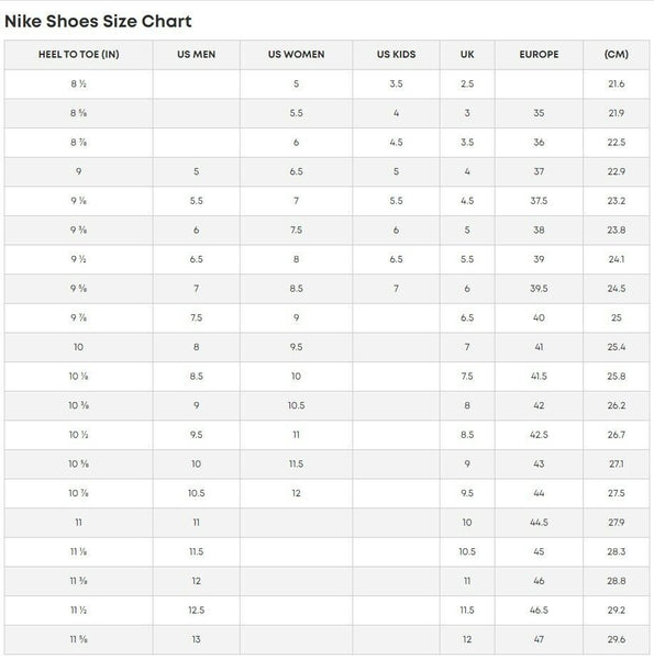 Rose Customs Air Force 1 Custom Shoe Size Chart