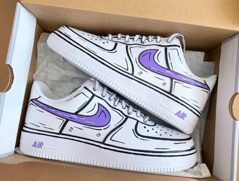 Air Force 1 Custom Shoes Low Cartoon Purple Lilac Black White Outline All Sizes AF1 Sneakers